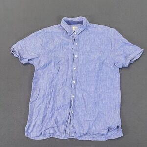 Authentic True Grit Linen Shirt Mens Med Blue Short Sleeve Button Up Houndstooth